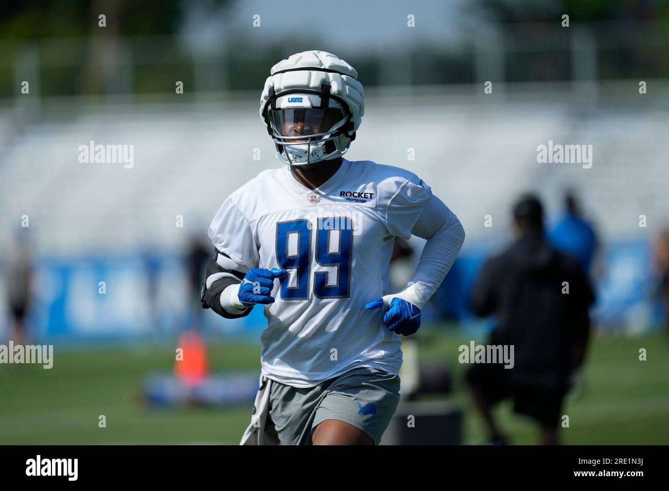 Detroit Lions linebacker Julian Okwara (99) gets set on defense against the  Jasksonville Jaguars during an NFL pre-season football game, Saturday, Aug.  19, 2023, in Detroit. (AP Photo/Rick Osentoski Stock Photo - Alamy