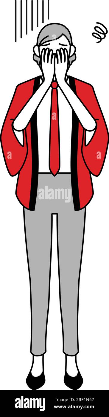 Senior woman wearing a red happi coat covering her face in depression ...