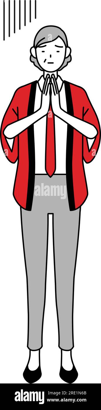 Senior woman wearing a red happi coat apologizing with her hands in ...