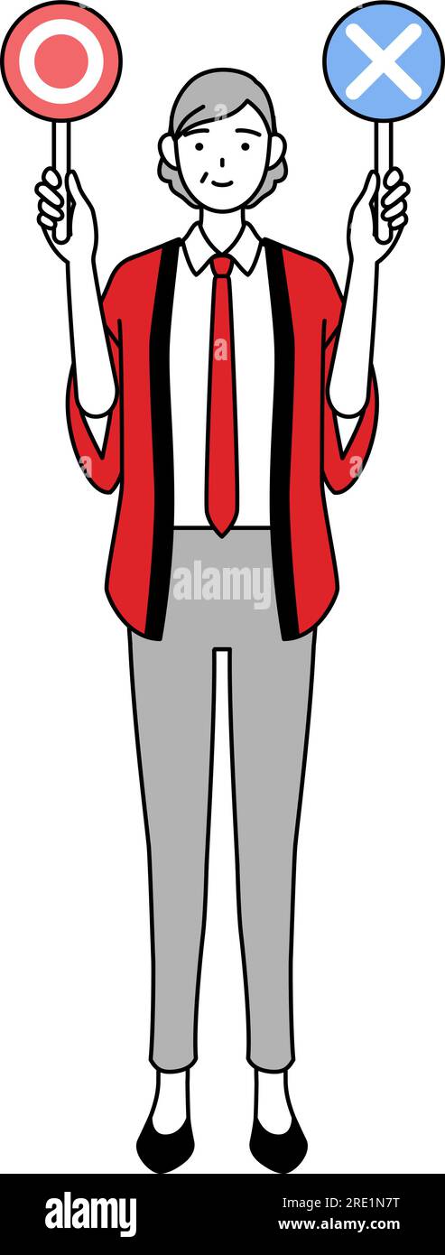 Senior woman wearing a red happi coat holding a placard indicating ...