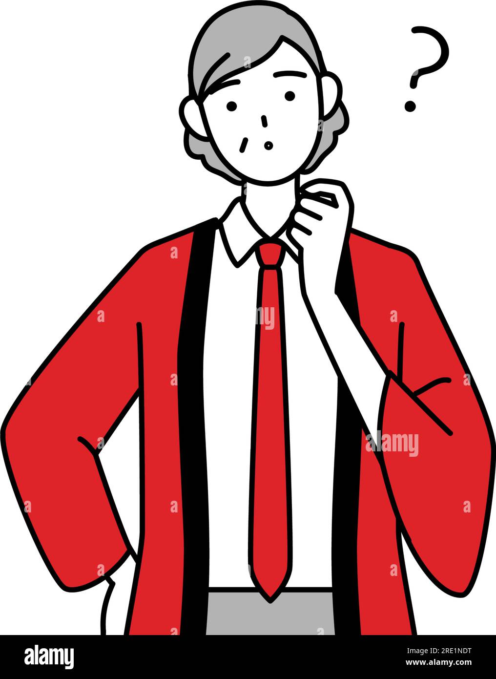 Senior woman wearing a red happi coat nodding her head in question ...