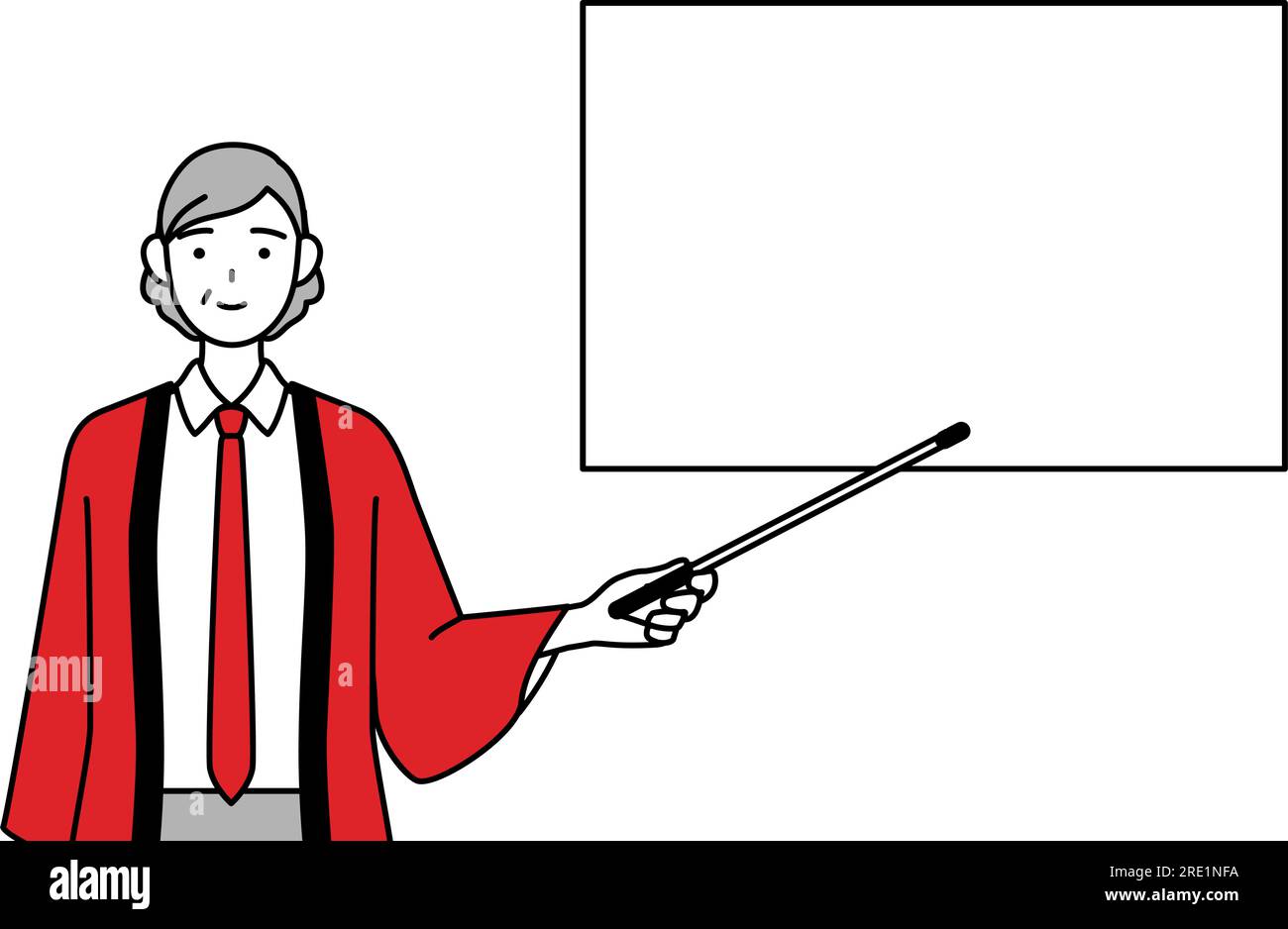 Senior woman wearing a red happi coat pointing at a whiteboard with an ...