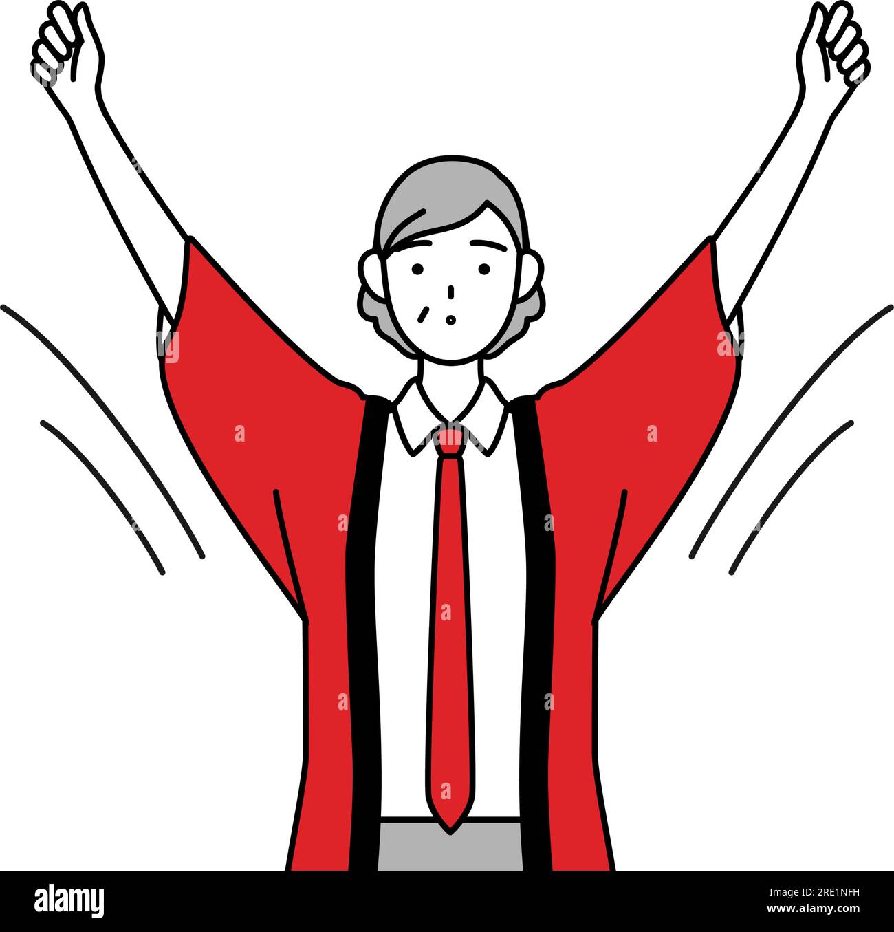 Senior woman wearing a red happi coat doing radio calisthenics ...