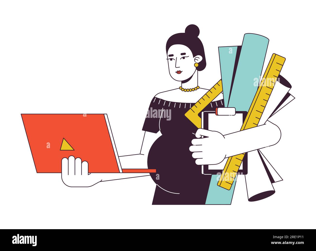 Woman with laptop, rulers, drawings flat line concept vector spot ...