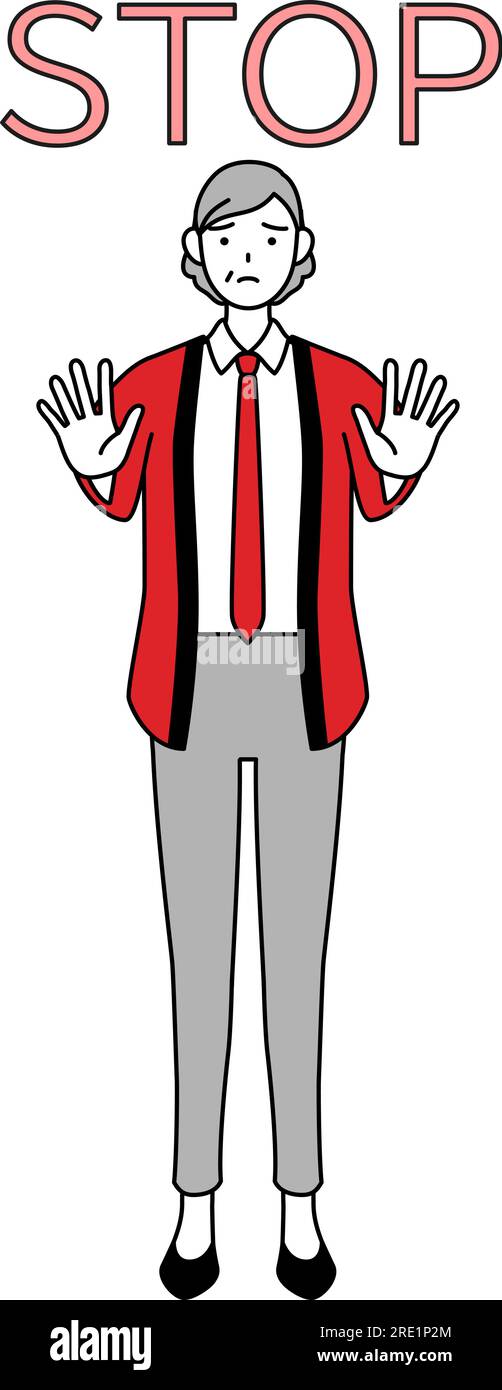 Senior woman wearing a red happi coat with her hands out in front of ...