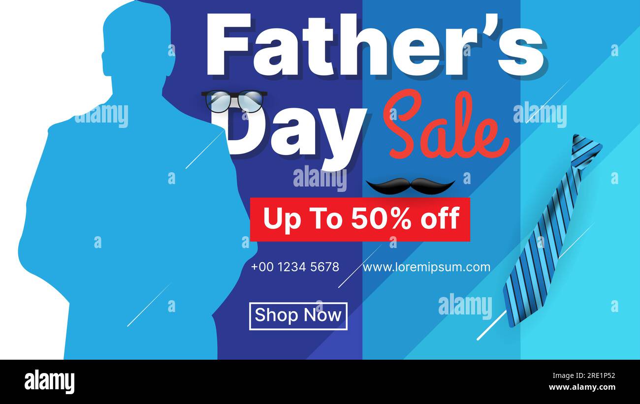 Father's day sale banner background with glasses, tie, mustache, for social media post, web