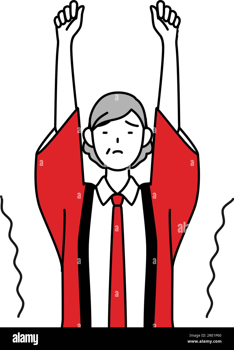 Senior woman wearing a red happi coat stretching and standing tall ...