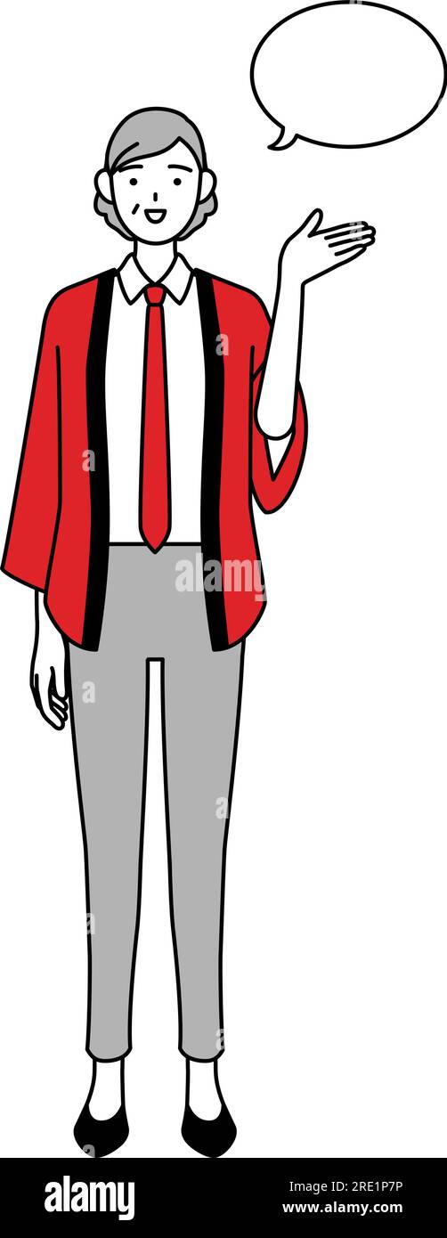 Senior woman wearing a red happi coat giving directions, with a wipeout ...