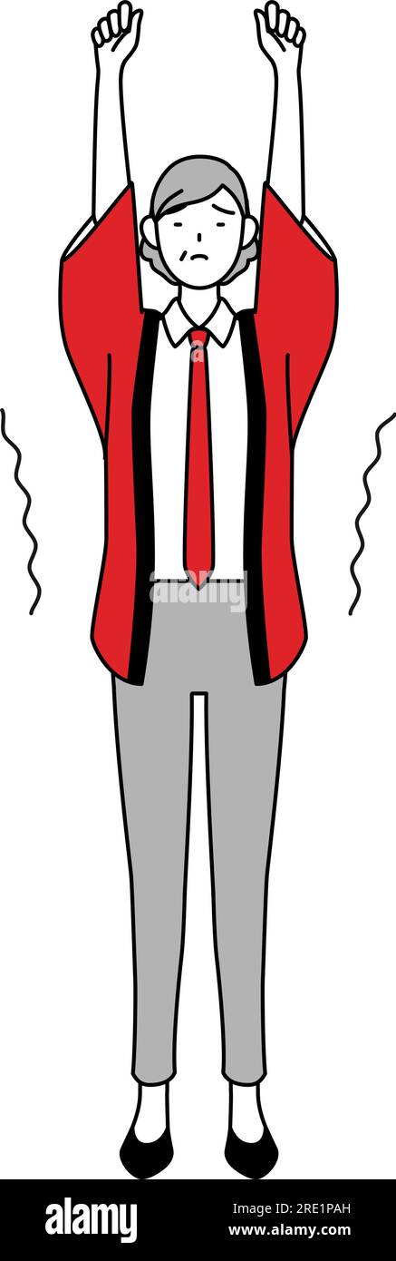 Senior woman wearing a red happi coat stretching and standing tall ...