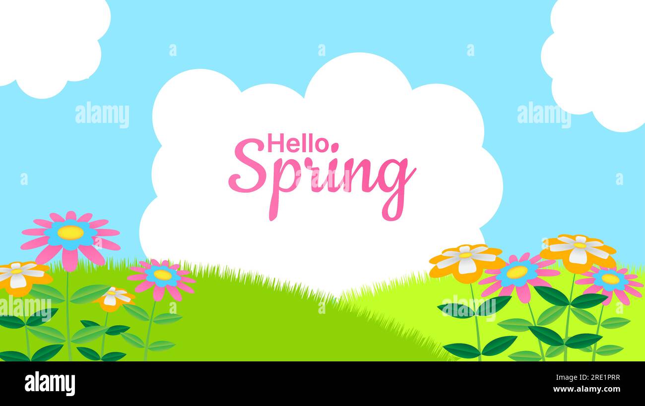 Hello spring banner with flat flowers and leaves illustration. seasonal