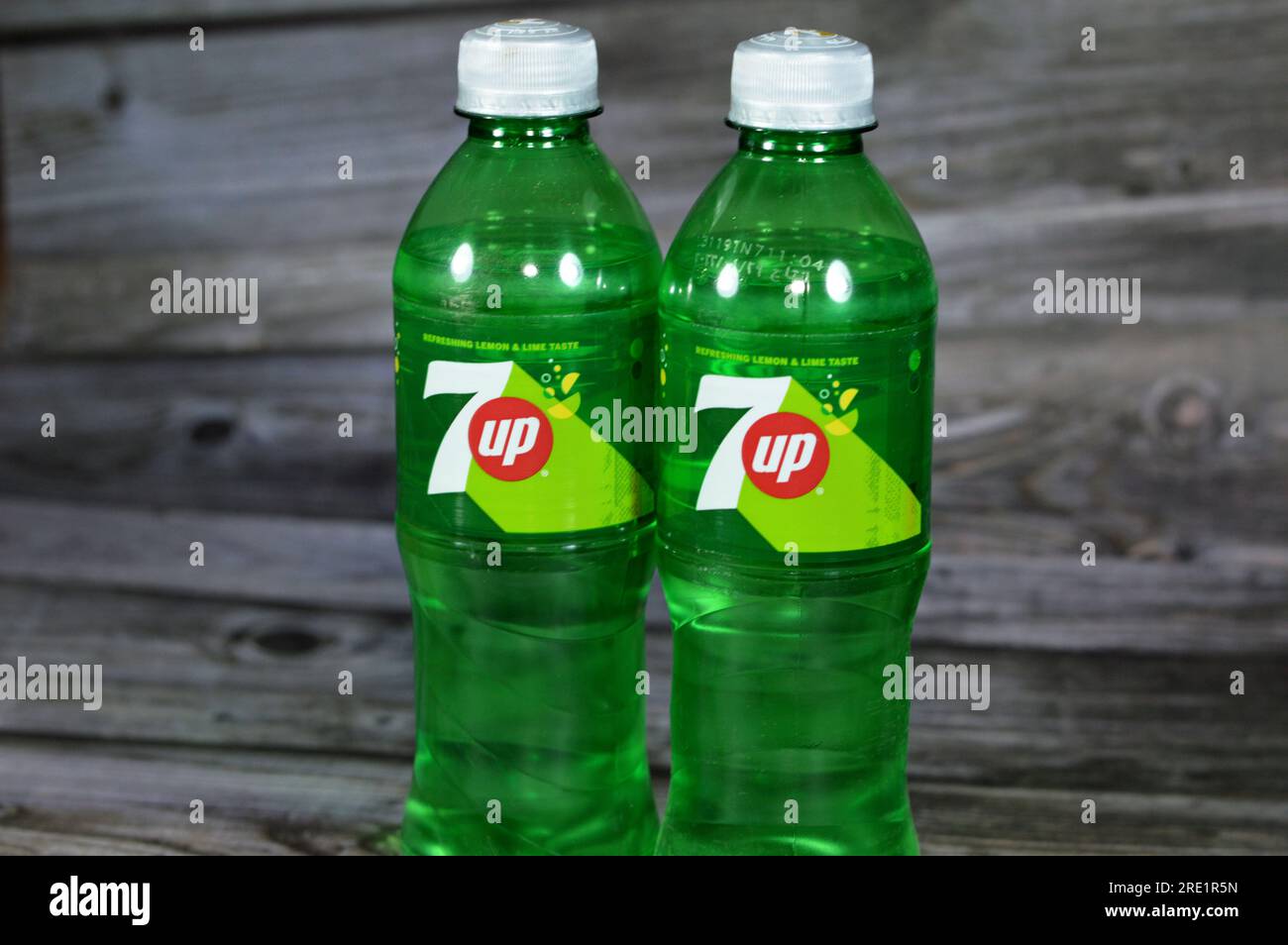 Giza, Egypt, July 21 2023: 7 Up, 7Up, Seven Up, an American brand of lemon-lime-flavored non-caffeinated soft drink, brand and formula are owned by Ke Stock Photo