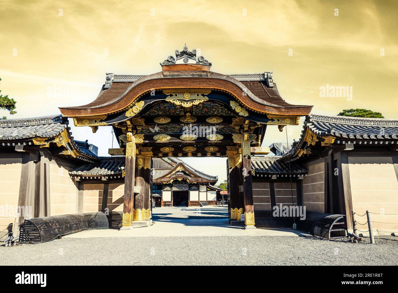 The Gate of Nijo Castle, a UNESCO World Heritage Site in the heart of Kyoto Japan with a dramatic evening sky. Stock Photo