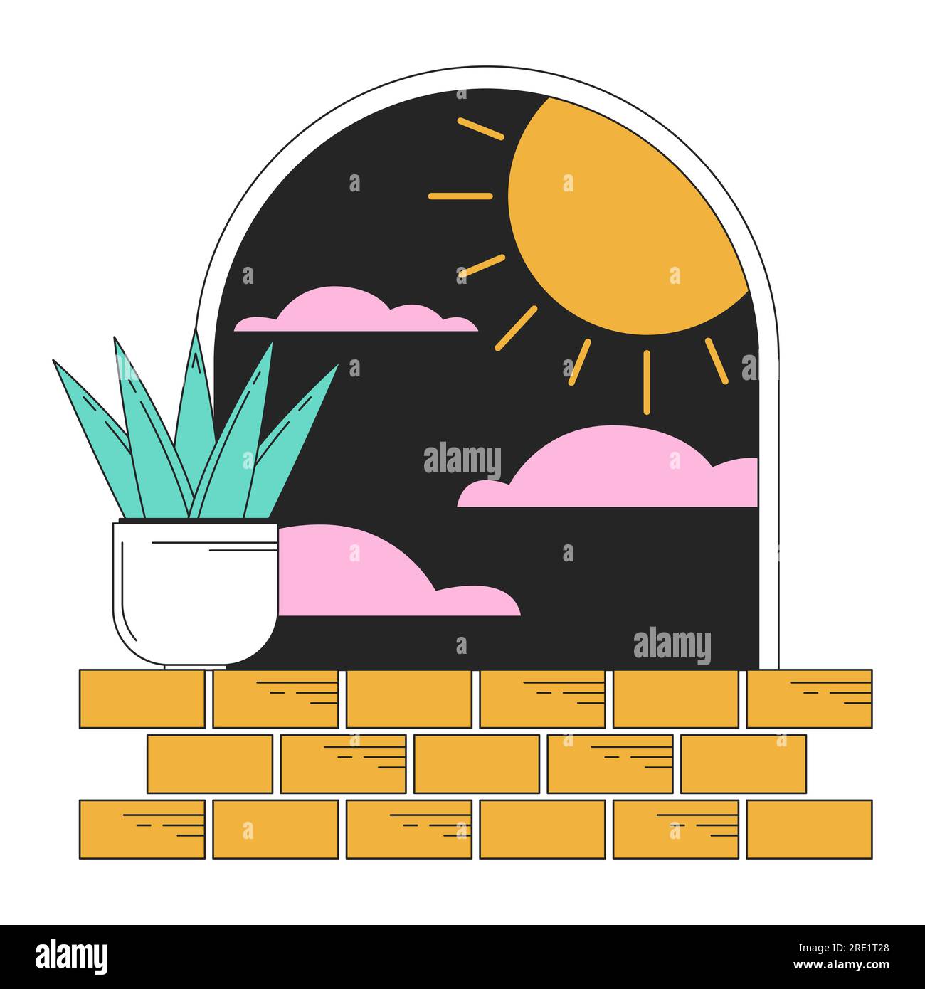 Surreal arch with plant on windowsill flat line concept vector spot illustration Stock Vector