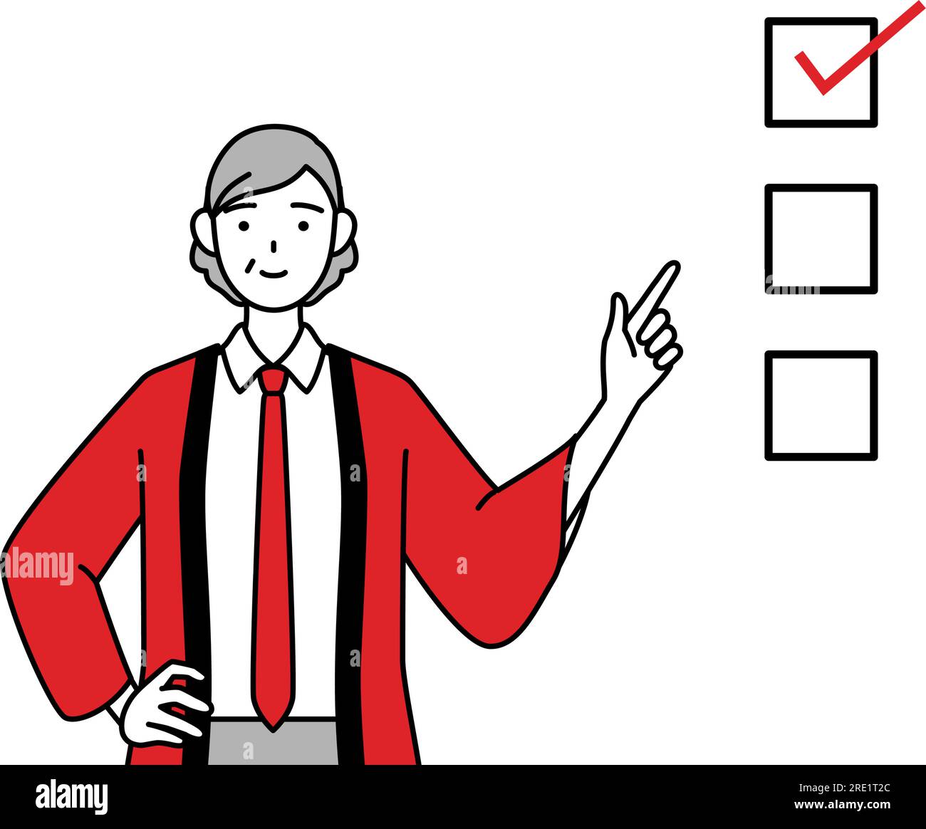 Senior woman wearing a red happi coat pointing to a checklist, Vector ...