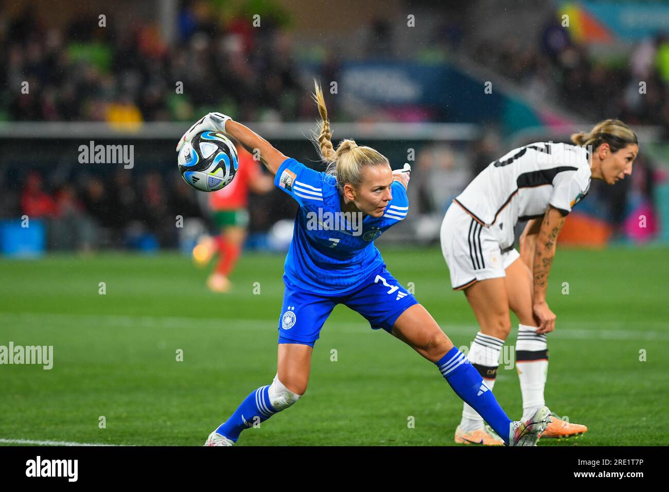 Melbourne, Australia. 24th July, 2023. Merle Frohms of Germany is seen in action during the FIFA Women's World Cup 2023 match between Germany and Morocco at the Melbourne Rectangular Stadium. Final score Germany 6:0 Morocco Credit: SOPA Images Limited/Alamy Live News Stock Photo