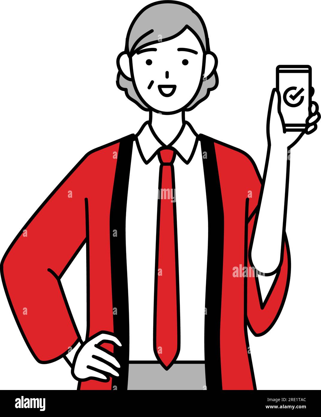 Senior woman wearing a red happi coat using a smartphone at work ...
