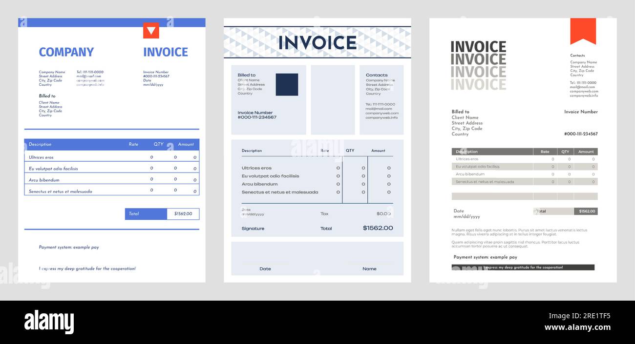 Business invoice. Blank accounting bill with total price, method of payment and date. Vector invoice template. Document with expenses calculation for client, bookkeeping or paperwork concept Stock Vector
