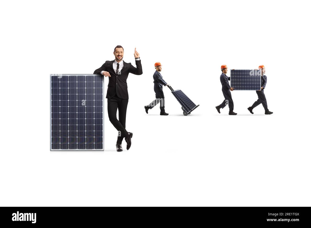 Businesswman pointing up and workers carrying photovoltaic panels isolated on white background Stock Photo