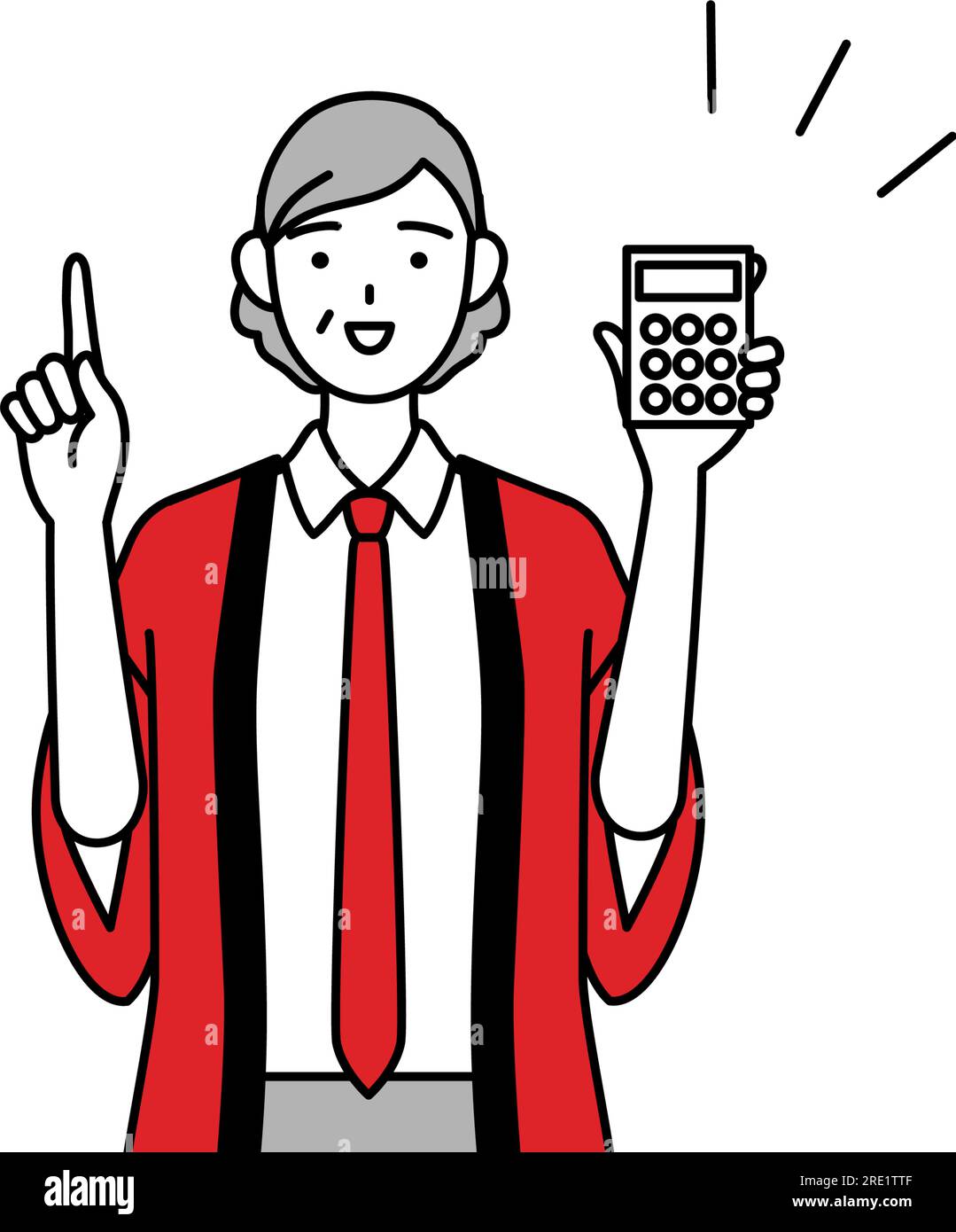 Senior woman wearing a red happi coat holding a calculator and pointing ...