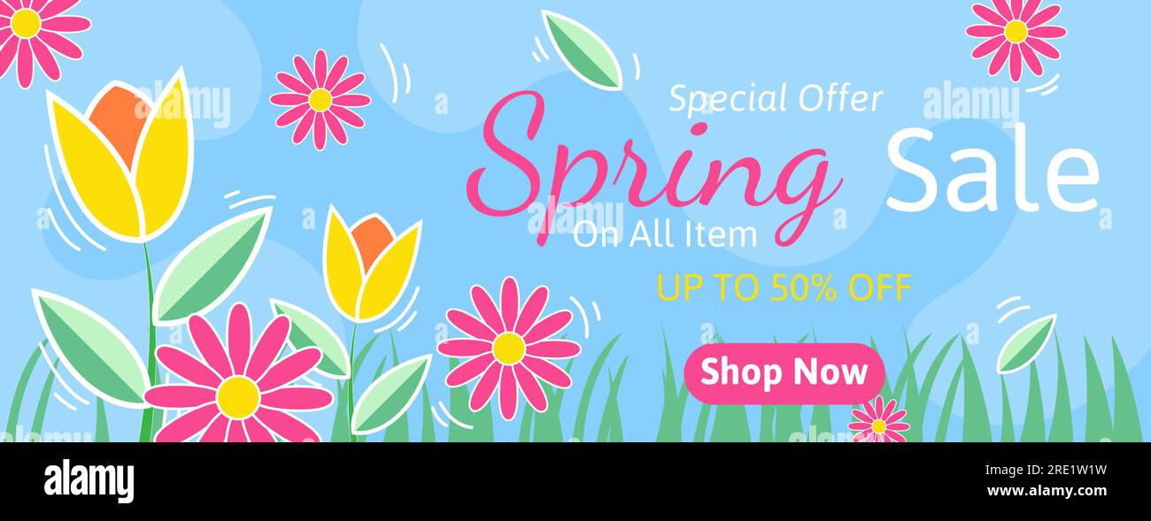 Spring sale banner design with flowers and leaves. seasonal business promotion design. vector illustration Stock Vector