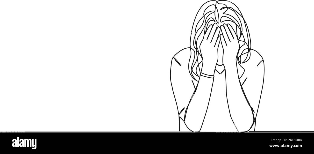 continuous single line drawing of crying woman covering face with hands, line art vector illustration Stock Vector