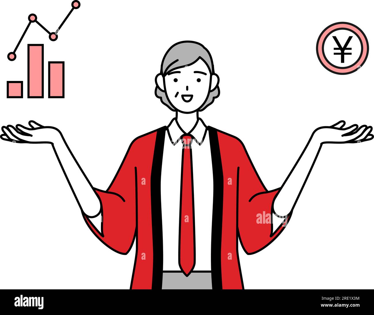 Senior woman wearing a red happi coat guiding an image of DX ...