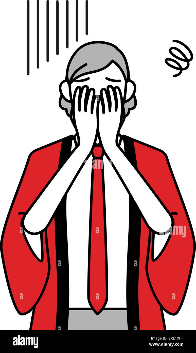 Senior woman wearing a red happi coat covering her face in depression ...