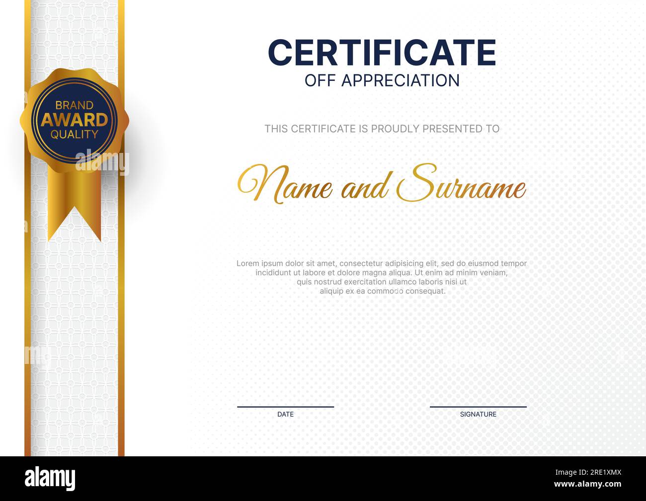 certificate of appreciation template in gold,white and dark blue color.Clean certificate design with golden badge. Stock Vector