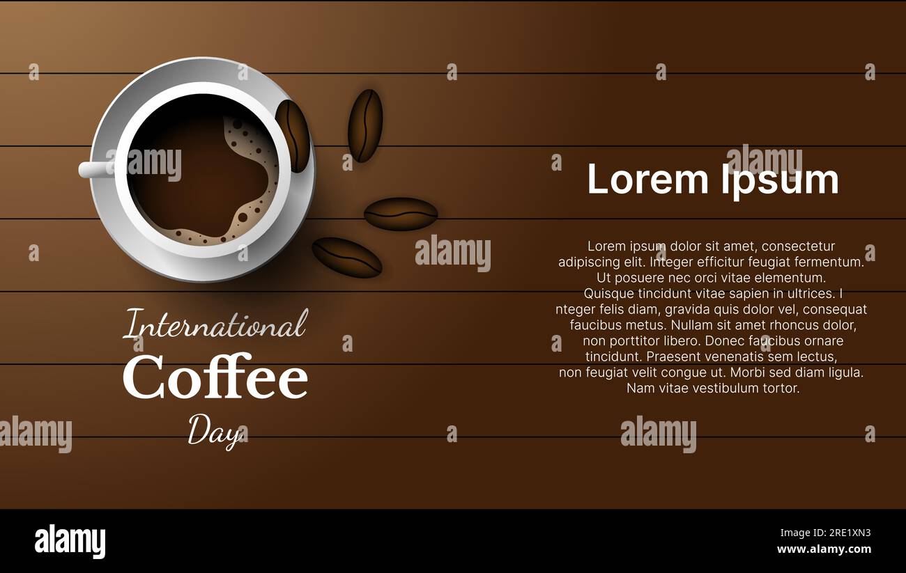 international coffee day banner design with wooden background. vector