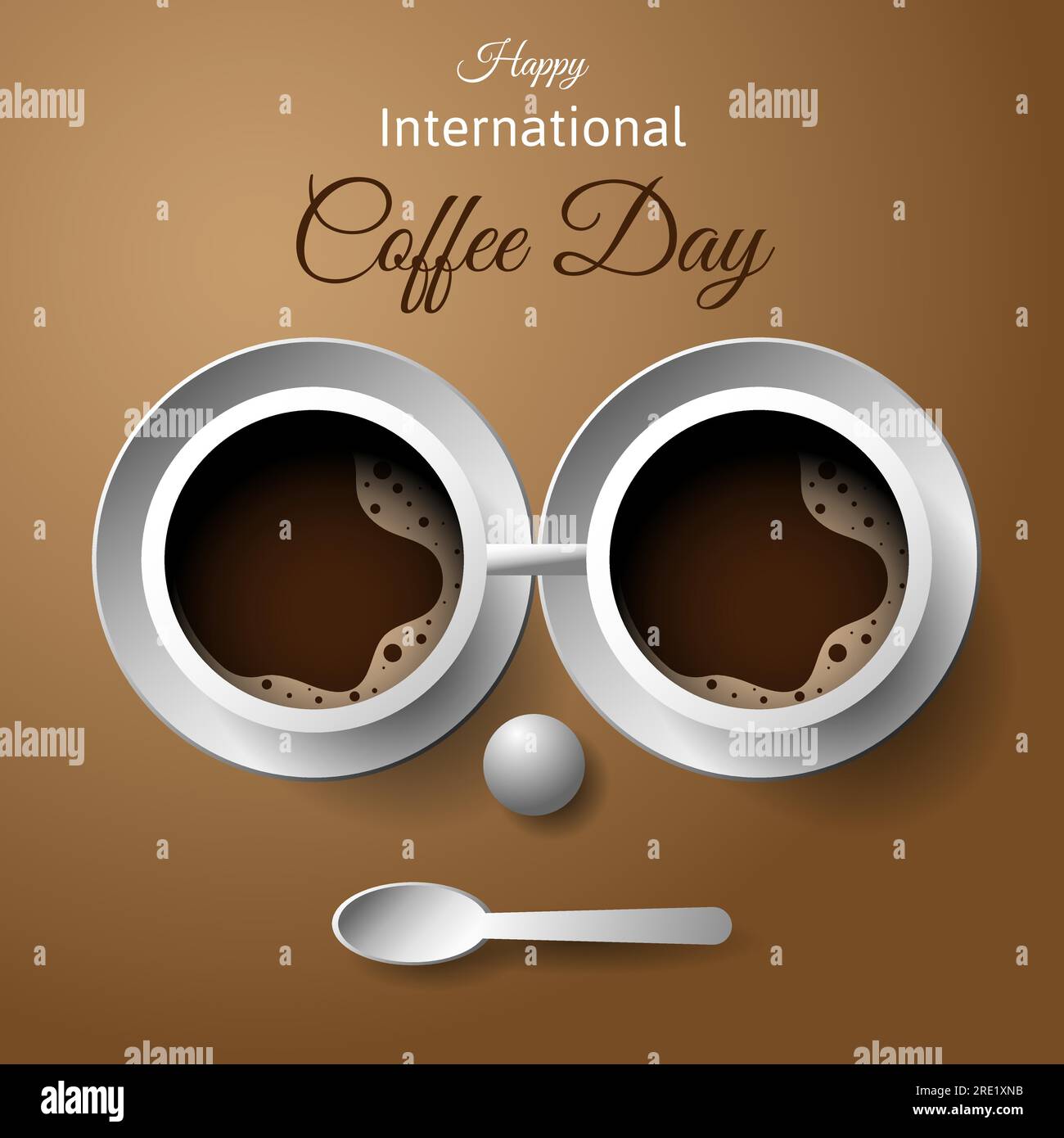 international coffee day banner design with two coffee cup that is positioned like glasses and a spoon like a lip. vector illustration Stock Vector