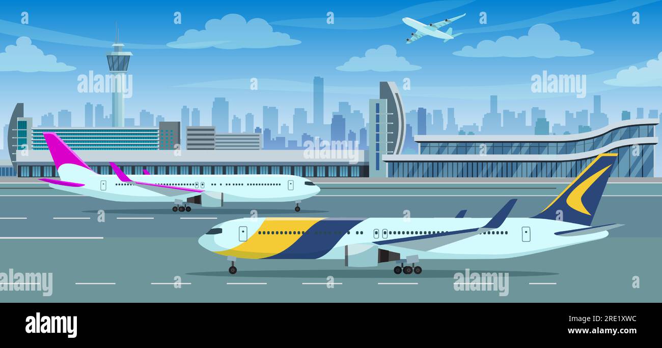 Airport Terminal building and airplanes on runway, city landscape on background, vector illustration Stock Vector