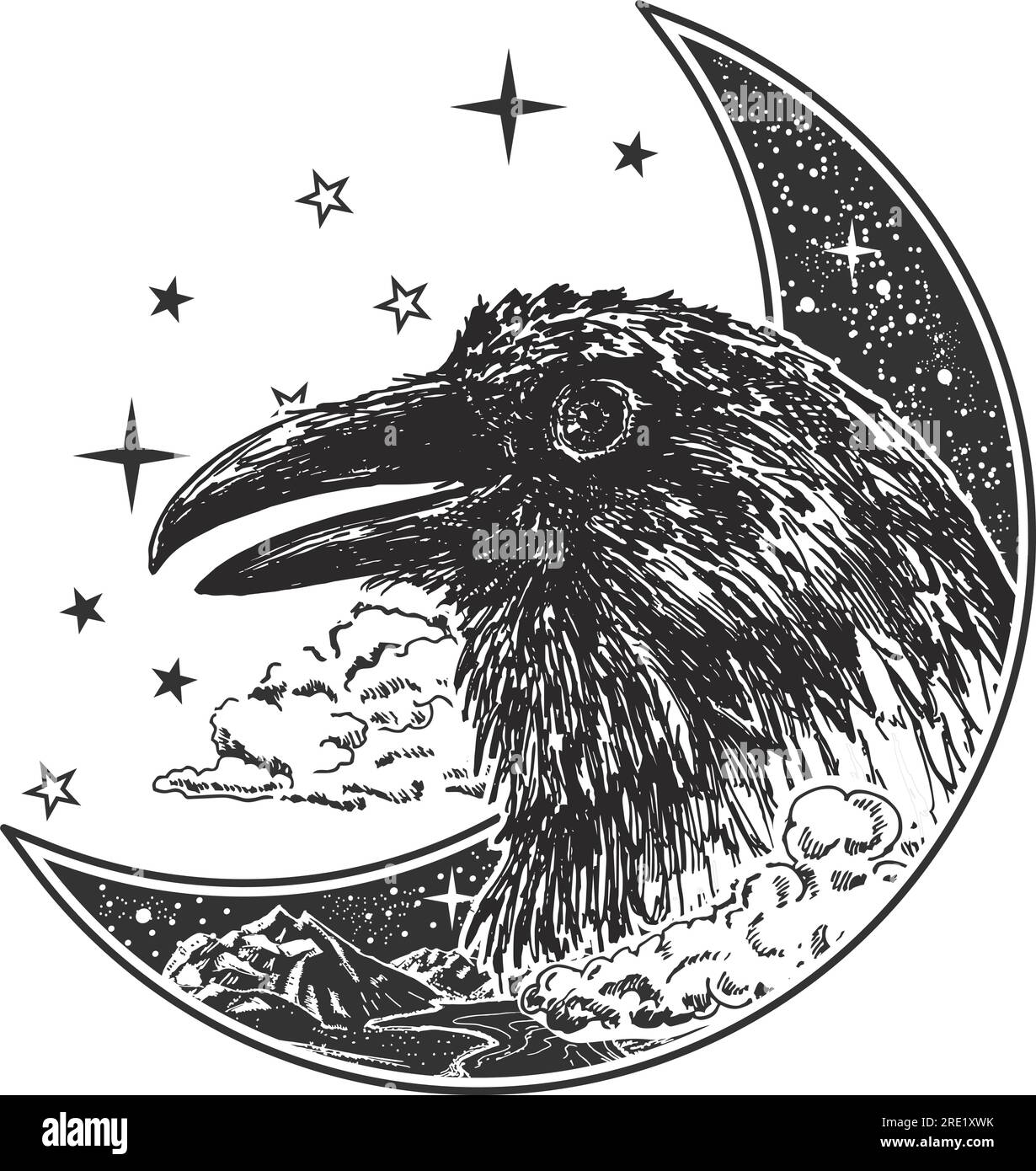 Head of raven over crescent moon engraving boho style vector illustration Stock Vector