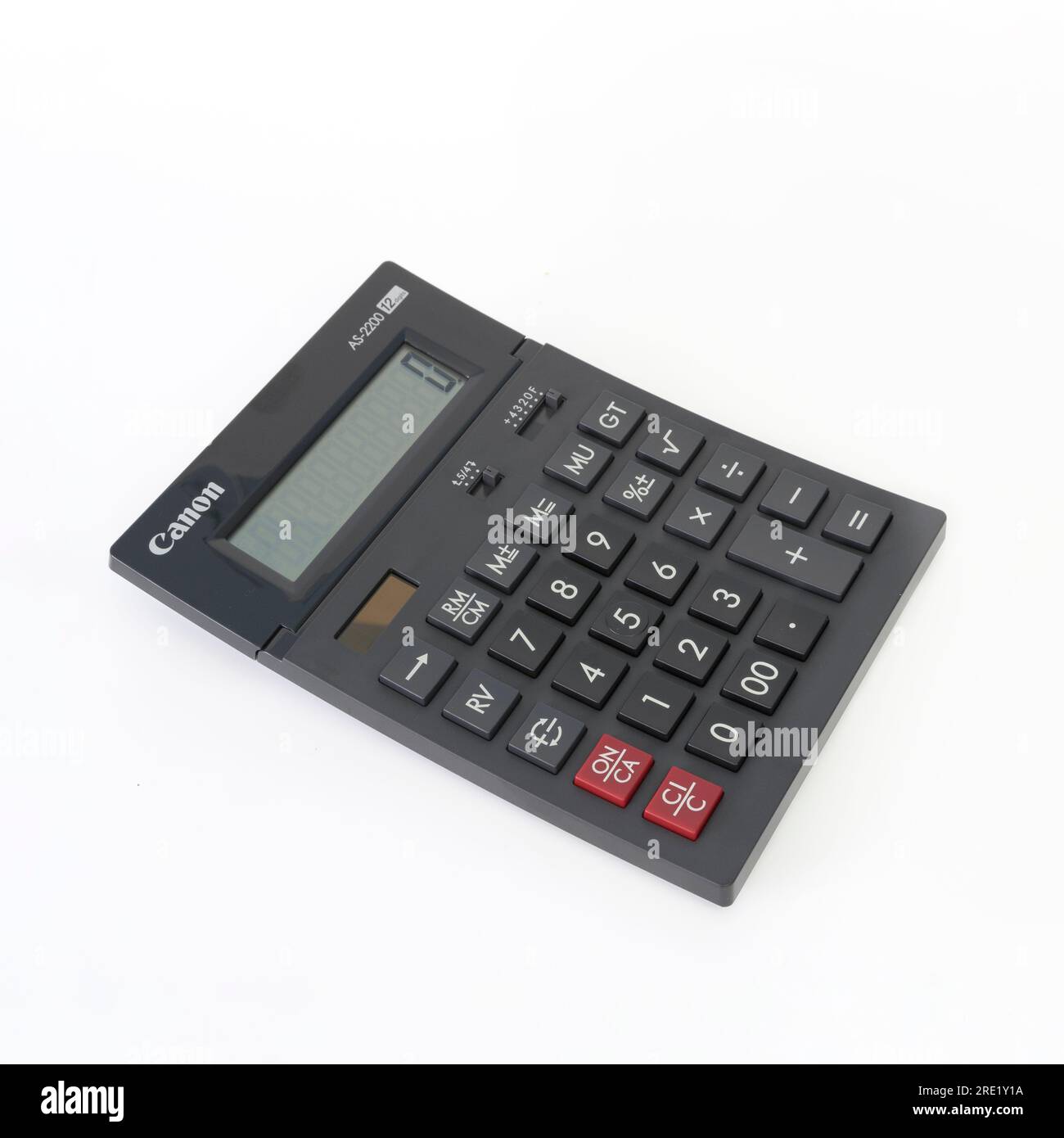 Hasselt.Limburg-Belgium 22-04-2023. Desktop calculator CANON AS-2200 in the package. Large buttons and lifting screen. Square format Stock Photo