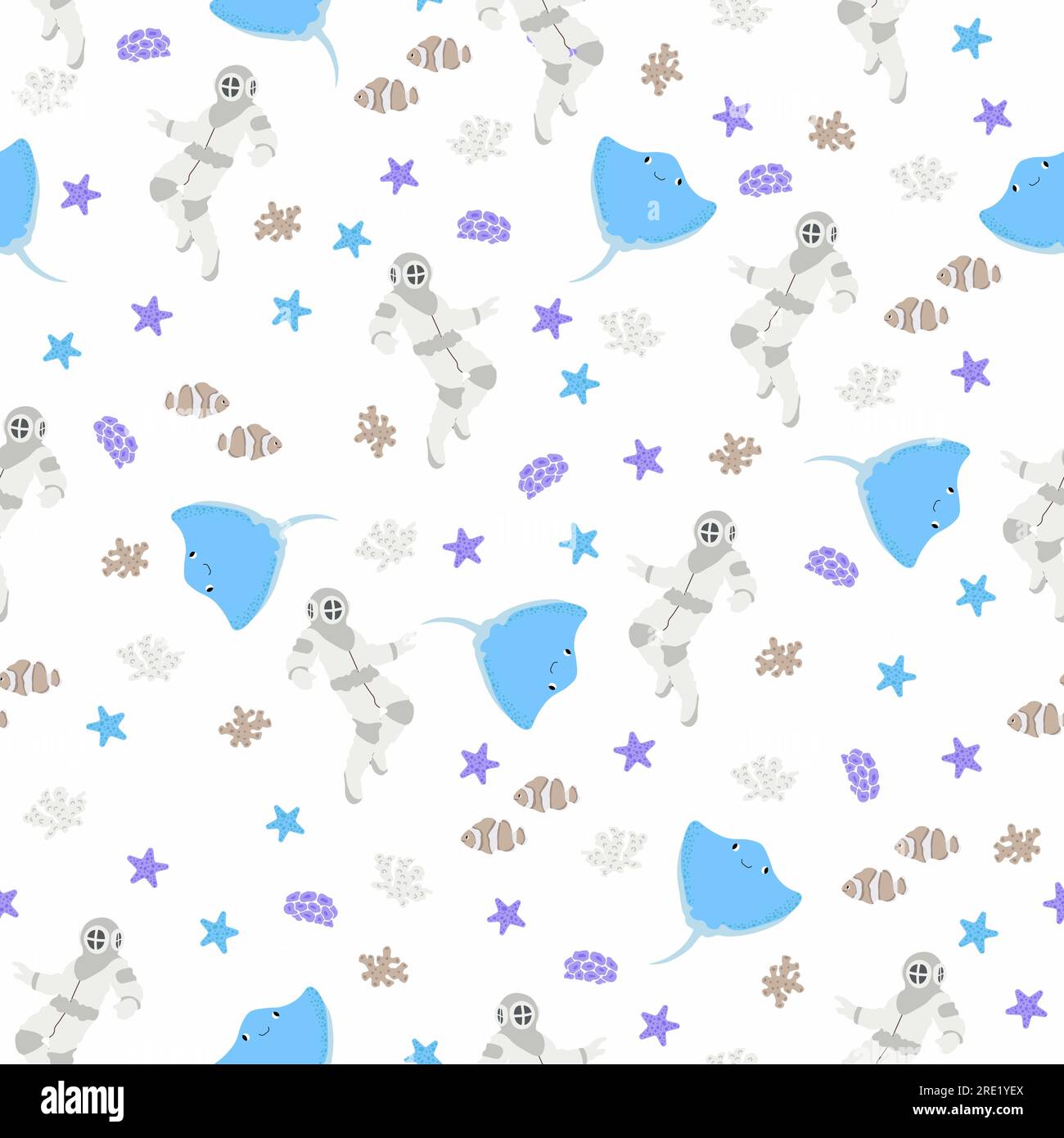 Vector seamless pattern with scuba diver, devilfish, algae, starfish,.Underwater cartoon creatures.Marine background.Cute ocean pattern for fabric Stock Vector