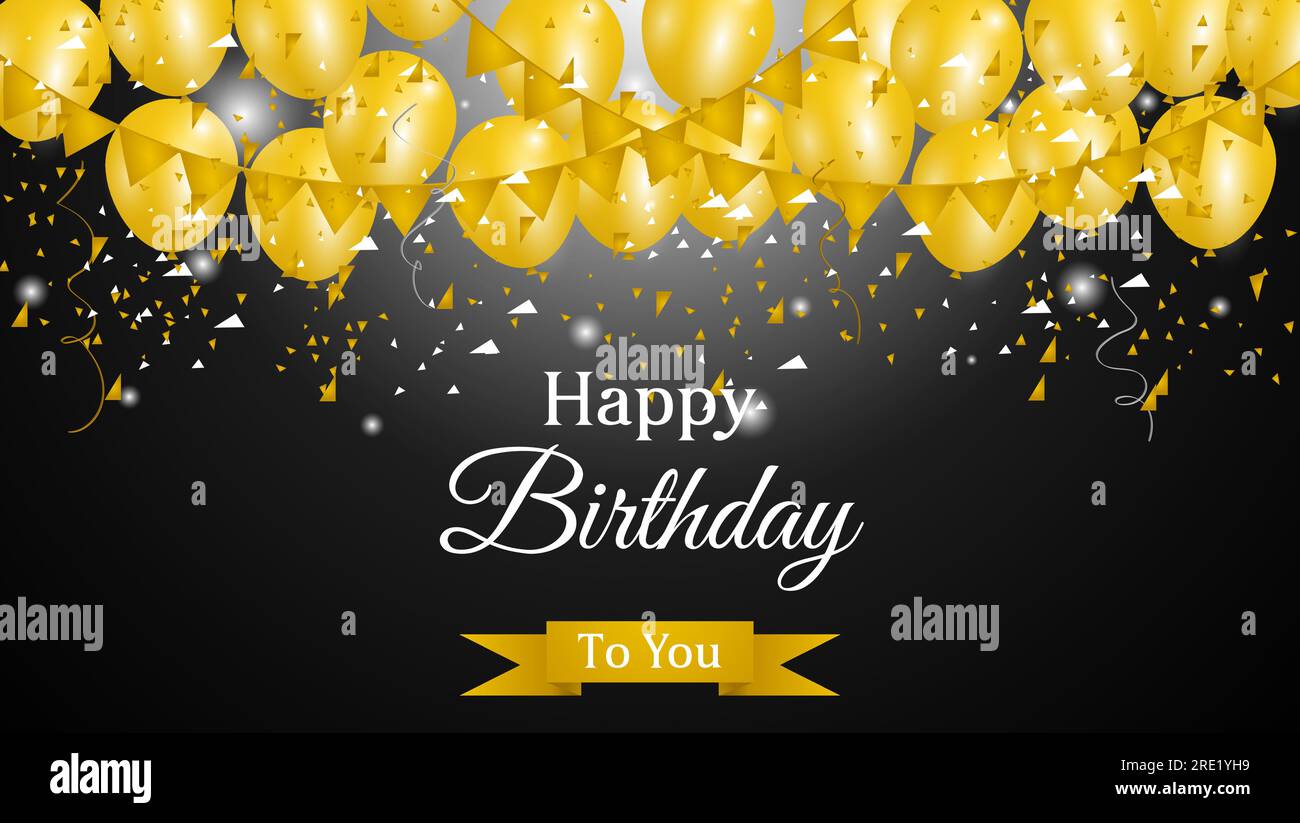 happy birthday background with golden balloons and confetti on black