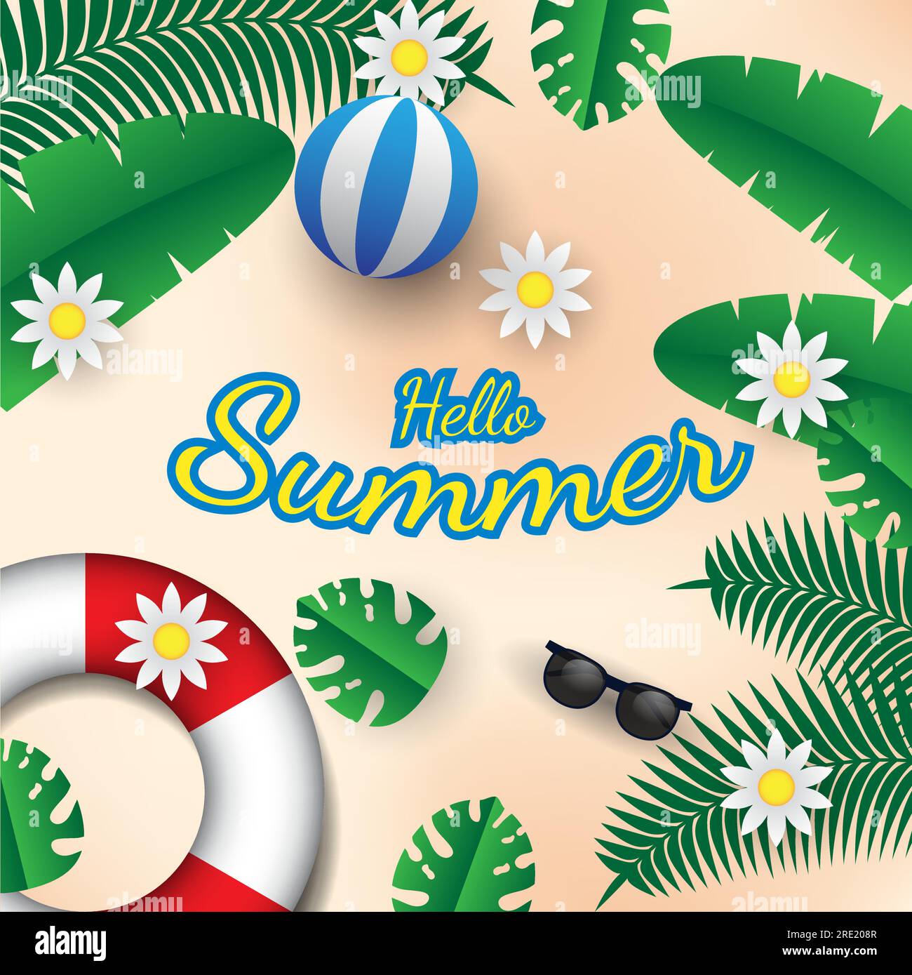 Summer background vector design with leaves, flowers, beach ball and ...