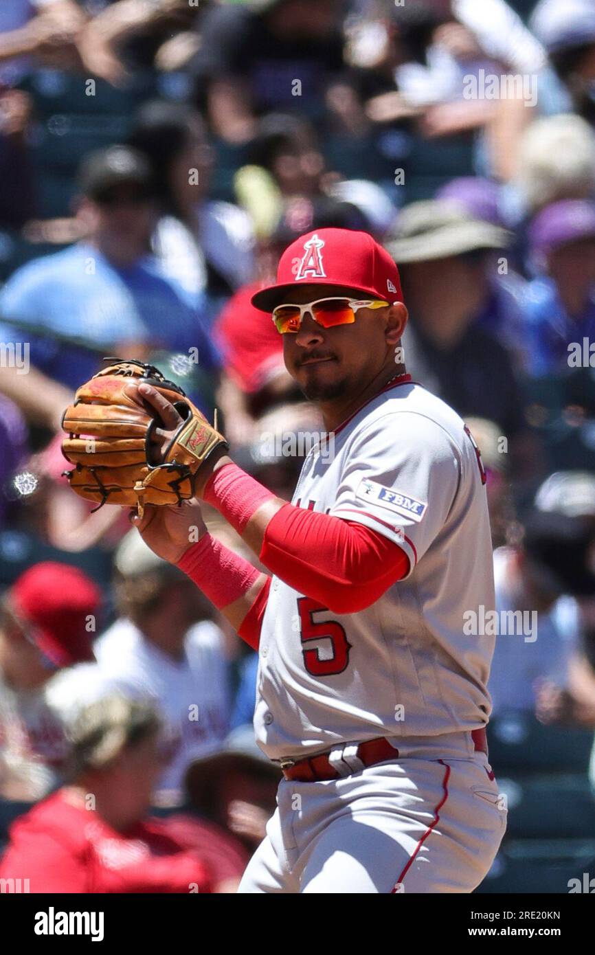 Los Angeles Angels third baseman Eduardo Escobar (5) makes the throw to  first base in an MLB baseball game against the Colorado Rockies. The Angels  defeated the Rockies 4-3 in Denver on