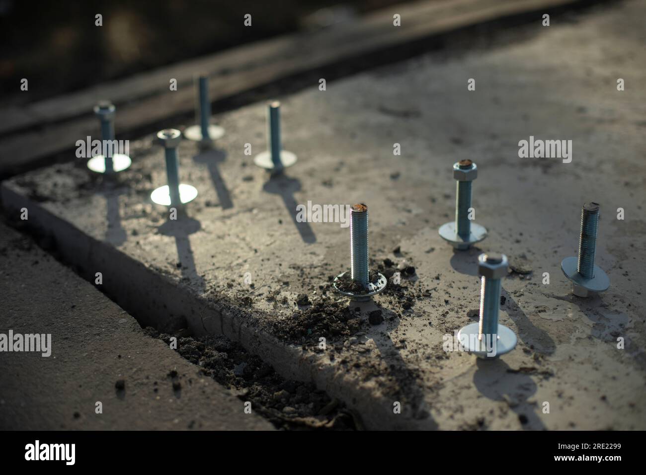 Construction of foundation. Steel bolt in concrete. Fasteners for frame. Construction details