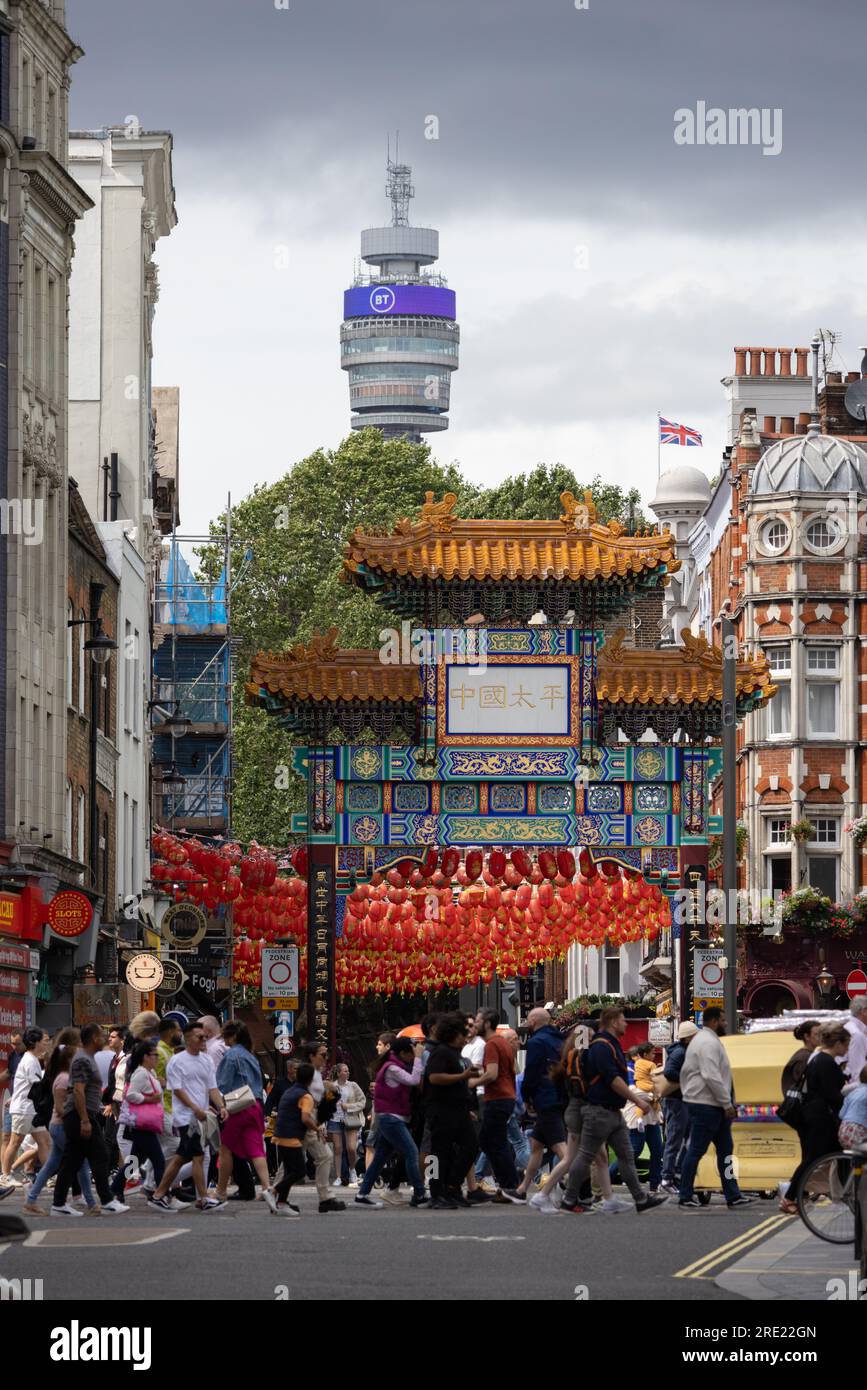 BT Tower seen in the distance behind China Town, central London, England, United Kingdom Stock Photo