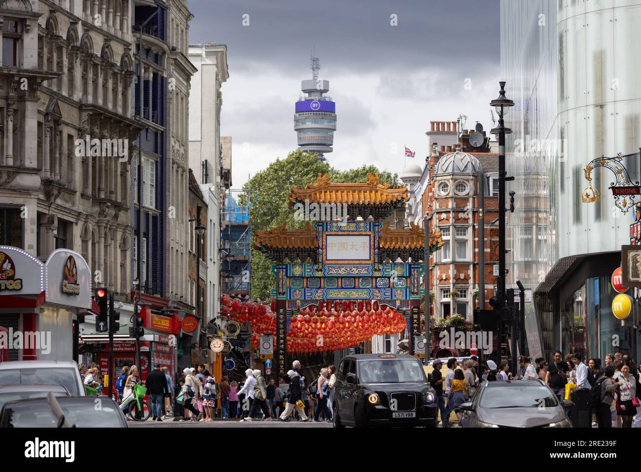 BT Tower seen in the distance behind China Town, central London, England, United Kingdom Stock Photo