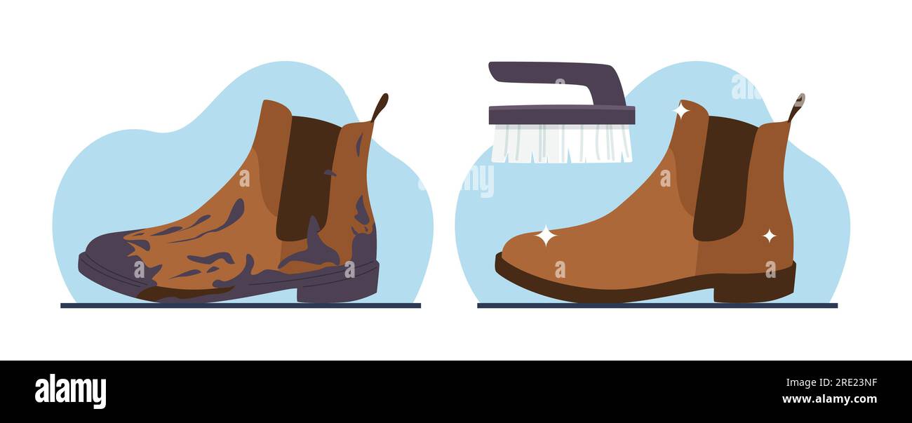 Dirty shoes before and after cleaning. Cleaning footwear service. Washing brush, boots polishing. Leather accessories care, muddy mens shoe. Cartoon Stock Vector