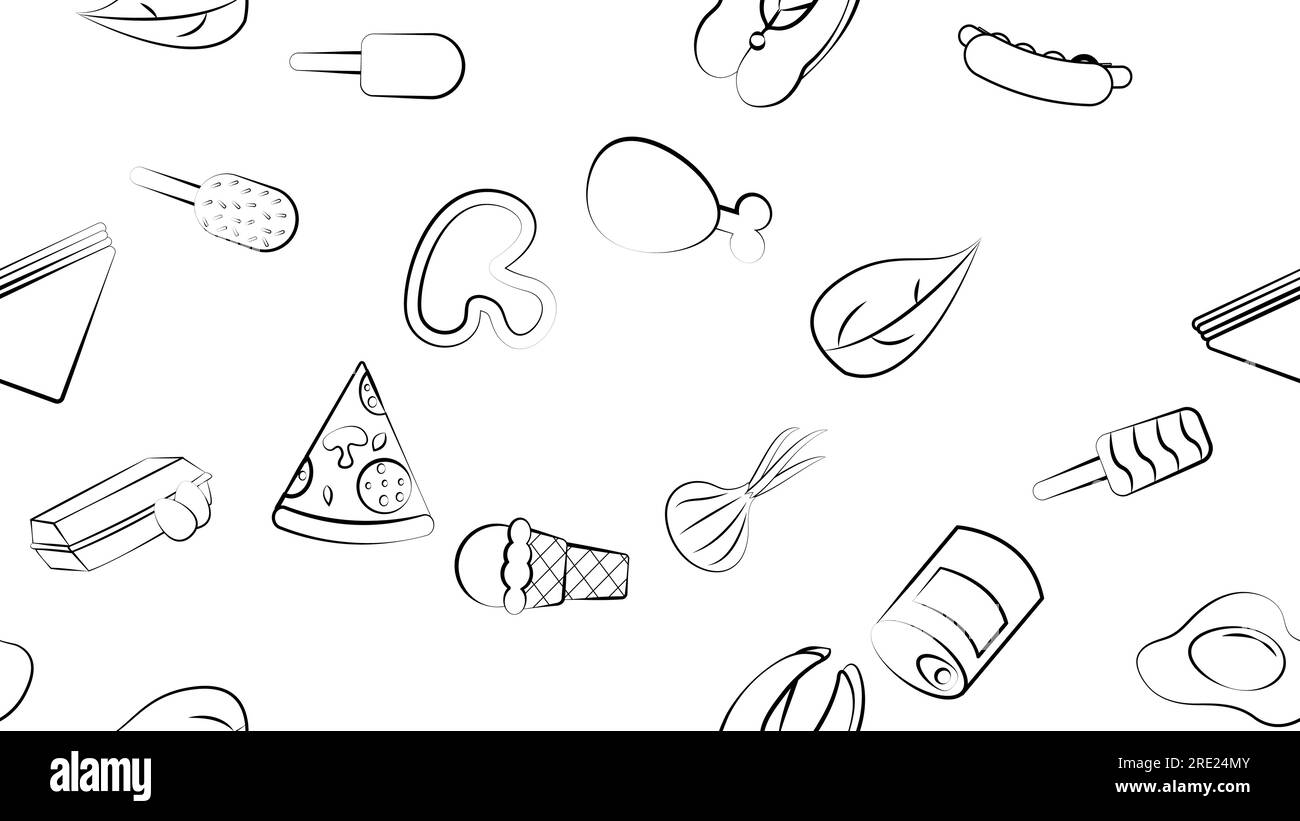 Black and white endless seamless pattern of food and snack items icons