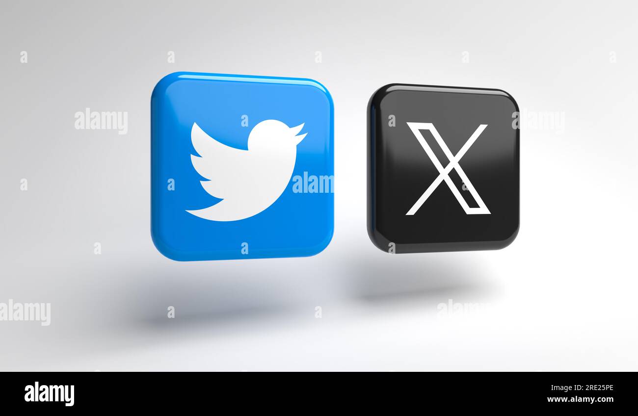 Twitter has been renamed to X by X Corp. Logos of  X Corp.  hovering over a white seamless background. Stock Photo