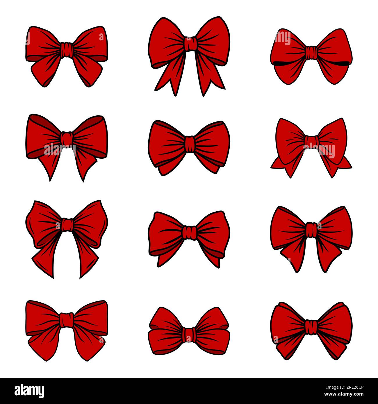 Vector Red Bow Tie or Gift Bow with Outline, Cut Out Icon Set