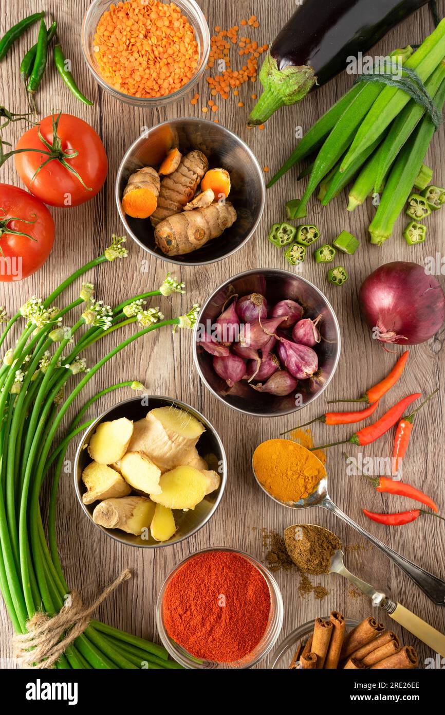 Top down shot of fresh vegetables and spices used in South Asian