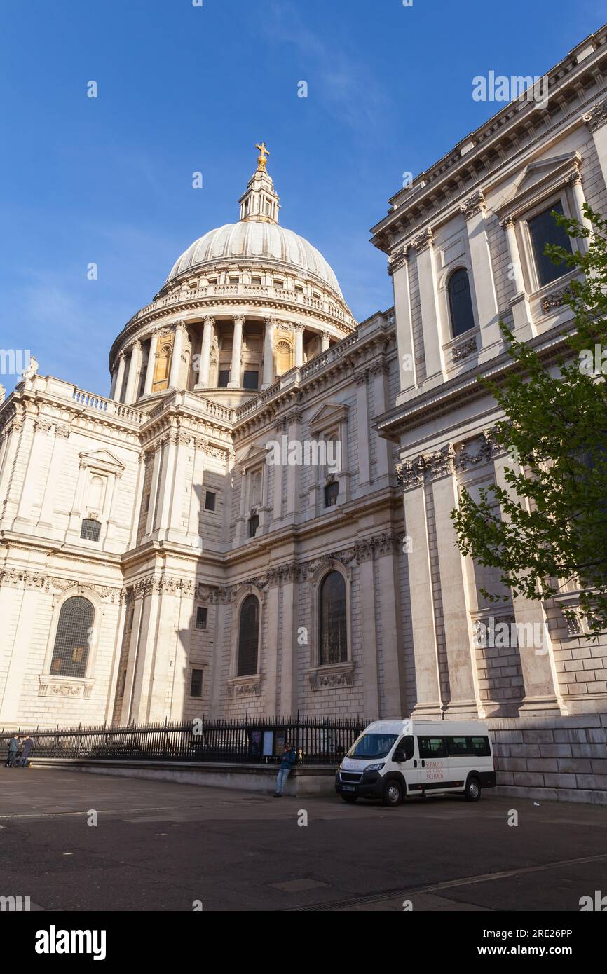 London, United Kingdom - April 25, 2019: St Paul Cathedral exterior, ordinary people are on the street Stock Photo