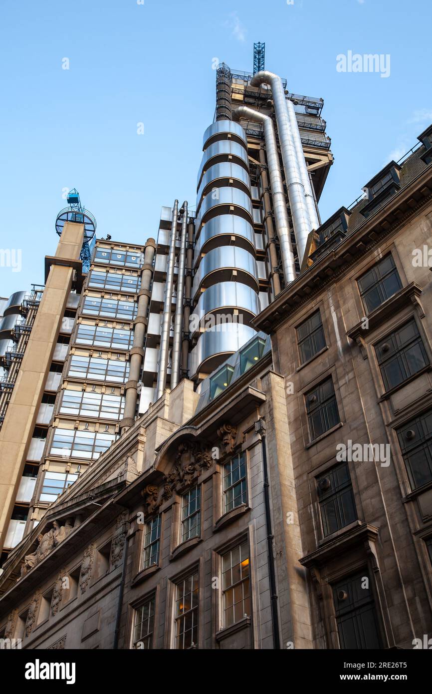 London, UK - April 25, 2019: Street view with the Lloyds building or Inside-Out Building, located on the former site of East India House in Lime Stree Stock Photo