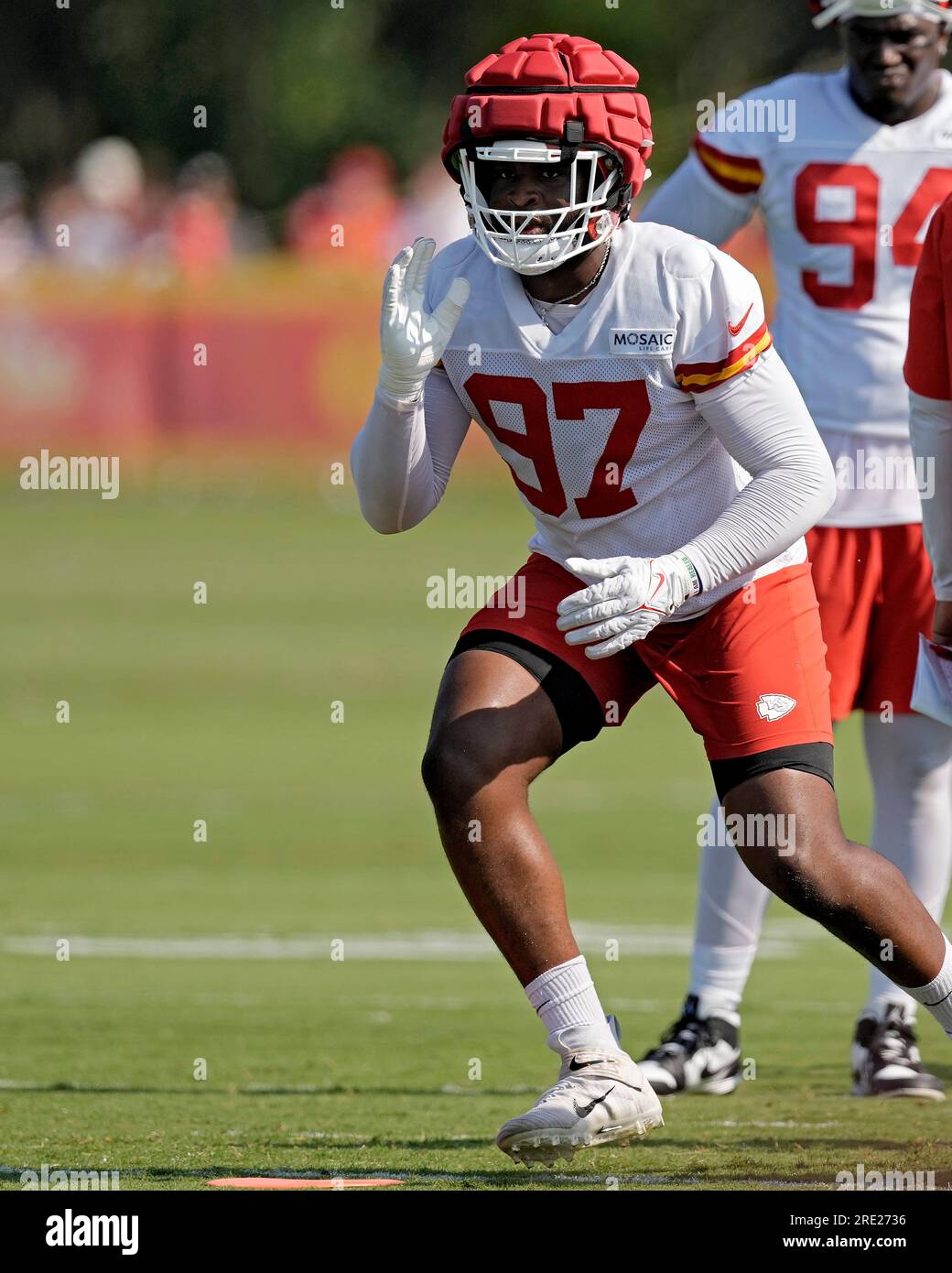 Kansas City Chiefs defensive end Mike Danna participates in a drill during  NFL football training camp Sunday, Aug. 7, 2022, in St. Joseph, Mo. (AP  Photo/Charlie Riedel Stock Photo - Alamy