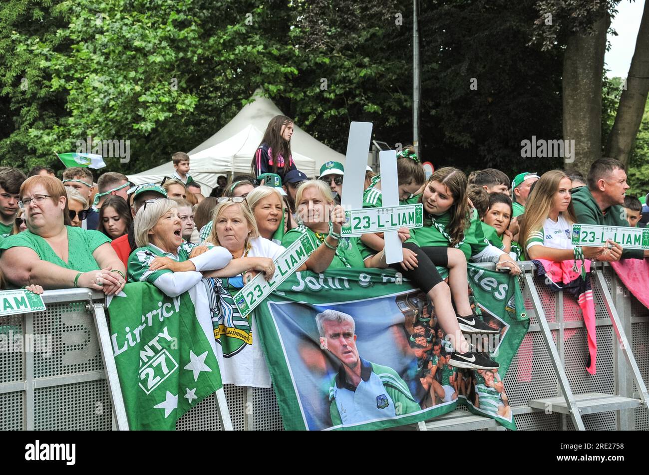 Limerick city, Ireland. 24th July, 2023.Limerick’s All-Ireland Senior Hurling Champions were greeted this evening by thousands of supporters when they took to the stage at Pery Square after they secured victory over Kilkenny in a thrilling encounter at Croke Park. Credit: Karlis Dzjamko/Alamy Live News Stock Photo