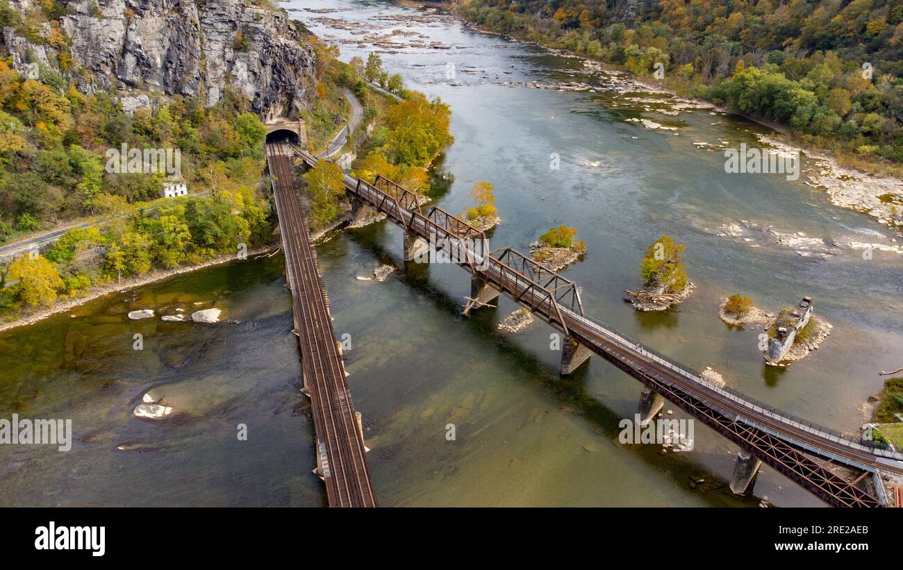 Drone aerials of Harper's Ferry, WV train bridges Stock Photo Alamy